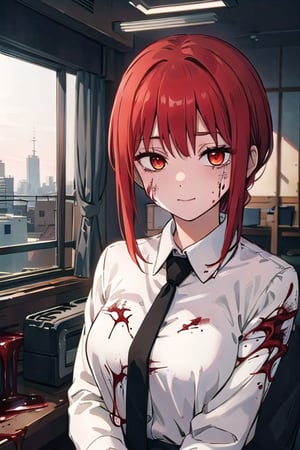 (masterpiece), best quality, high resolution, highly detailed, detailed background, perfect lighting, 1girl, bangs, medium breasts, blouse, red hair, ,csm anime style, red eyes, blood, blood in face, city, | wear black tie |,makima \(chainsaw man\)