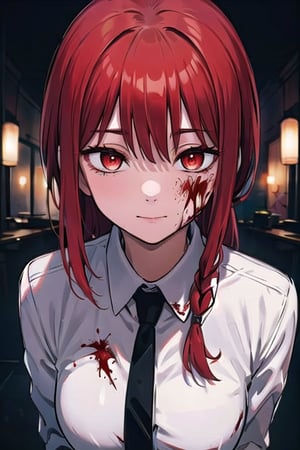 (masterpiece), best quality, high resolution, highly detailed, detailed background, perfect lighting, 1girl, bangs, medium breasts, blouse, red hair, ,csm anime style, red eyes, blood, blood in face, city, | wear black tie |,makima \(chainsaw man\)