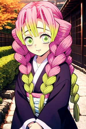 wear the mitsuri costume,pink hair,green eyes,cute,tiny girl,japanese,kimetsu no yaiba,not tied,green Eyes,wear,there is a hint of green under his hair,Mitsuri