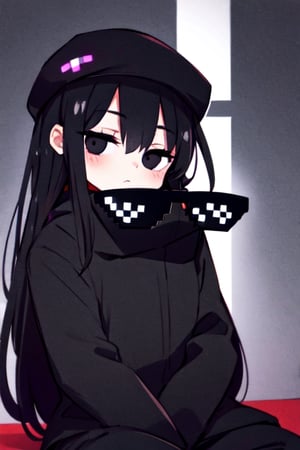 Black eyes Black hair wearing a long black enderman Beautiful girl with long hair black shiny eyes She is radiant in the morning in the direction of the image sitting, cute eyes, big eyes,Enderman-chan,incrsdealwithit,wear sunglasses