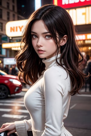 (best quality), photo of, a woman as a movie star, modelshoot style, (extremely detailed), Intricate, High Detail, Sharp focus, dramatic, photorealistic, (elegant turtleneck dress:1.2), ((new york)), (long skirt), ((standing near a movie theater)), ((paparazzi in the background)), (looking at viewer:1.2), (detailed pupils:1.3), ((closeup portrait:1.1)),red \(pokemon\),Detailedface