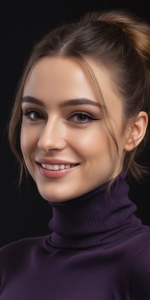 Arrogant woman, beauty face, 24 year, dasha taran, dark purple turtle_neck,  smiling, masterpiece, look at viewer,photorealism, half body, standing with pose, side view, big hip,angry face, pitch black background, baroque