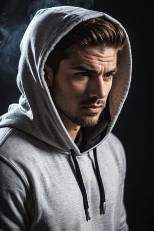 arrogant man face with hoodie, jeans, bokeh, mariano de vaio, angry face, white shirt, masterpiece, photorealism, full body,  pinlight smirking, side vew, standing in the dark hill, baroque, side view