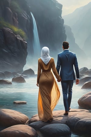 A lovely couple holding hand ((1 man with suits)) ((1 woman with hijab)), standing on misty rocks and water, blown with soft wind, shown from the back view, in the fantasy art style of Artgerm  and Greg Rutkowski , with a hyper realistic and soft lighting style, smooth brush strokes, high resolution, high detail, cinematic,8k, face focus