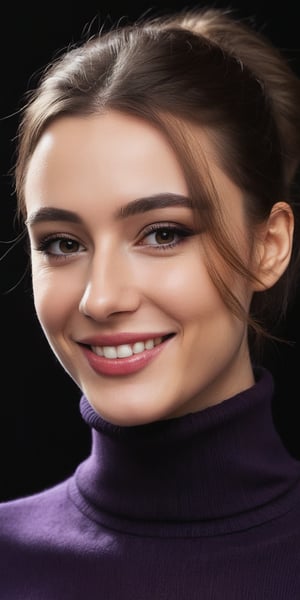 Arrogant woman, beauty face, 24 year, dasha taran, dark purple turtle_neck,  smiling, masterpiece, look at viewer,photorealism, half body, standing with pose, side view, big hip,angry face, pitch black background, baroque