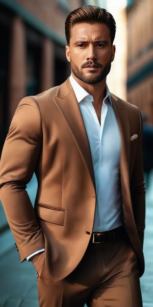 extremely handsome man with brown suits, serious face, 4K, on_one_foot,man
