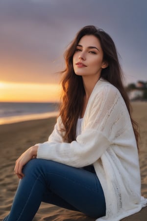 Beautiful woman in cardigan white shirt and jeans, long dark flowing hair, smirking, sit at beach, penaive look at the sunset, bokeh, photorealism, masterpiece, baroque, 