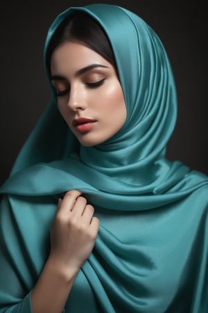 Extremely beautiful woman in fashion turqoise hijab with wonderful face, closed_eyes, in shy pose, standing alone, dark background, photorealism, tall and sexy