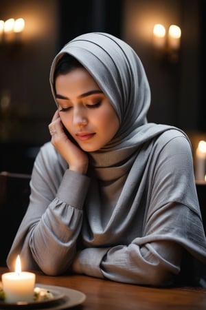 Extremely beautiful woman in grey plain hijab, shy pose, crying, bow down, hand on the table, masterpiece, dark background, bokeh, candle light dinner