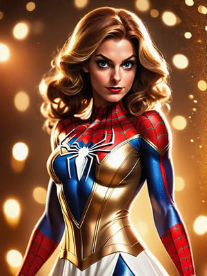 Super Heroine posing for a picture, Spiderman costume, white dress, golden texture,
detailed beautiful face, brown skin, attractive gaze, shapely body, full body, porphyry limbs, glitter background, lifelike lights. artistic camera position,
cinema effect, film filter, hdr tones