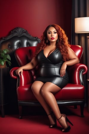 beautiful plump woman posing for a picture in the room, Creole skin, Beautiful detailed face, full lips, long red curly hair,
sexy outfit, nice breasts, porphyry hands, elegant leather armchair and classy furniture in the background, full body, uhd resolution,