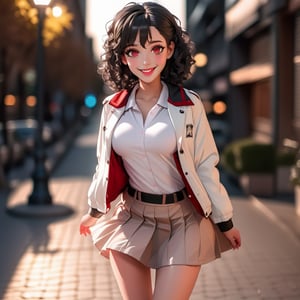 A Beautiful woman poses for a picture, realistic beautiful face, curly black hair, brown eyes, attractive body. big breasts, partial smile. sparkling eyes, sejem fashionable boots, white skirt, white jacket, red polo shirt, evening on the street, full body, illuminated by the light of the city,