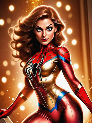 Super Heroine posing for a picture, Spiderman costume, white dress, golden texture,
detailed beautiful face, brown skin, attractive gaze, shapely body, full body, porphyry limbs, glitter background, lifelike lights. artistic camera position,
cinema effect, film filter, hdr tones