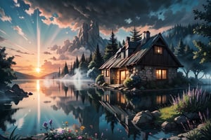 Accurate landscape, detailed vegetation, beautiful sparkling blue lake, rocks and flowers, An old cottage with plants growing on it, foggy landscape, HdR tones, drone footage, artwork, sunset, Artistic sigma