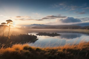 hyper realistic landscape, detailed rippling blue lake, reeds, dense pine trees, detailed vegetation, cloudy sky, realistic sunlight, sunset, exotic skyline, dense fog, windy viewing angle. sharp smooth lens,