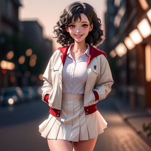 A Beautiful woman poses for a picture, realistic beautiful face, curly black hair, brown eyes, attractive body. big breasts, partial smile. sparkling eyes, sejem fashionable boots, white skirt, white jacket, red polo shirt, evening on the street, full body, illuminated by the light of the city,