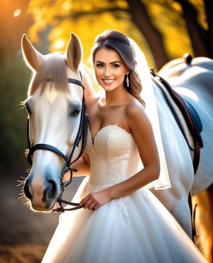 Bride on horseback, posing in a pose, Beautiful face, attractive body and dress, attractive smile, beautiful breasts, professional veg members, the horse is lifelike and detailed, beautiful wooden background, bokeh, HDR,