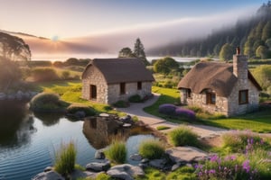 Accurate landscape, detailed vegetation, beautiful sparkling blue lake, rocks and flowers, An old cottage with plants growing on it, foggy landscape, HdR tones, drone footage, artwork, sunset, Artistic sigma