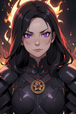 (Masterpiece), best, blazing eyes, closed mouth, goddess, perfect face, straight hair, 1 girl, strong girl, solo, villainess, (portrait), long messy curly dark purple black hair, glowing purple eyes, medals, ribbons, detailed black plate armor, gothic black armor, spiked black armor, very detailed armor, dreadful armor, 1 girl,midjourney,black medieval armor,Chinese general,mecha musume,perfecteyes,flaming eye,azula