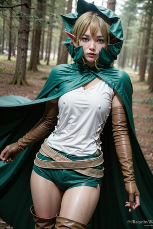 masterpiece, photrealistic (best quality:1.2), [:intricate details:0.2], 1girl, solo, ryuu, pointy ears, hood, green cloak, white shirt, sleeveless, belt, green panties, leather elbow gloves, leather thigh boots, standing, looking_at_viewer, whole body, wide shot, forest, sky