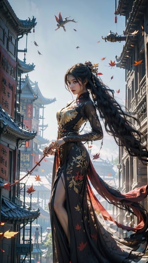 (features),flying goddess,immortal style,the whole body is surrounded by lightning,(wearing hanfu:1.3),gold ornaments,gorgeous long dress,flying clothes,(tall ancient chinese buildings:1.5),(floating leaves:1.5),a lot of clouds and fog,(floating long hair:1.3),(red veil:1.2),(paper oil umbrella:1.3),