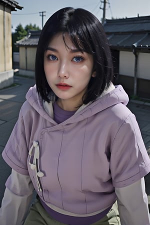 1girl, solo, mature female, shot from above, top view, 

hinata\(boruto\), purple hoodie, layered sleeves, brown pants, 

Dynamic dance, outdoors, traditional japanese village, wind, blue sky, bokeh, 

AiMi, perfect skin, detailed skin,