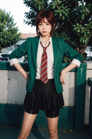 1girl, looking at viewer, Tomo, (red hair, short hair, hair between eyes, bangs, red eyes:1.3), school uniform, jacket, green jacket, blazer, shirt, white shirt, sleeves rolled up, open clothes, necktie, red necktie, striped, striped necktie, skirt, pleated skirt, shorts, school, bokeh, AiMi,AiMi