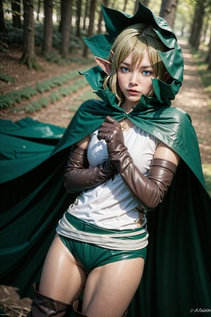 masterpiece, photrealistic (best quality:1.2), [:intricate details:0.2], 1girl, solo, ryuu, pointy ears, hood, green cloak, white shirt, sleeveless, belt, green panties, leather elbow gloves, leather thigh boots, standing, looking_at_viewer, from above, whole body, wide shot, forest, sky