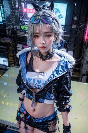 masterpiece, best quality, highres, extremely detail, photorealistic,

sliver wolf /(honkai:star rail/), 1girl, grey hair, long hair, jacket, (looking at viewer:1.2), shorts,fur trim jacket,sunglasses, navel, (ulzzang-6500:0.65), black gloves, upper body, sunglasses, bunny ears, shorts, cold face

leaning on computer desk, relax pose, (top_view_perspective:1.6)

futuristic computers, hologram, scifi room, cyberpunk room, neon room, neon, blue magenta light, dark studio,top_view_perspective