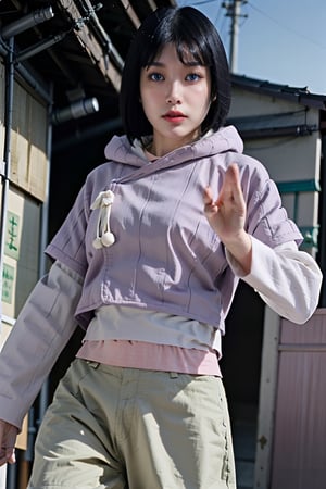1girl, solo, mature female, dutch angle

hinata\(boruto\), purple hoodie, layered sleeves, brown pants, 

Fighting stance, outdoors, traditional japanese village, wind, blue sky, rocky mountain, bokeh, 

AiMi, perfect skin, detailed skin,
