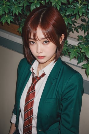 1girl, shot from above, looking at viewer, Tomo, (red hair, short hair, hair between eyes, bangs, red eyes:1.3), school uniform, jacket, green jacket, blazer, shirt, white shirt, sleeves rolled up, open clothes, necktie, red necktie, striped, striped necktie, skirt, pleated skirt, shorts, school, bokeh, AiMi,AiMi