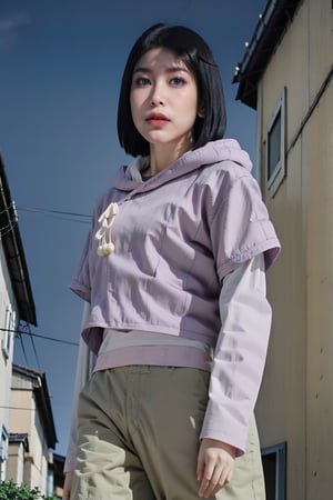 1girl, solo, mature female, shot from below, bottom view, 

hinata\(boruto\), purple hoodie, layered sleeves, brown pants, 

Dynamic dance, outdoors, traditional japanese village, wind, blue sky, bokeh, 

AiMi, perfect skin, detailed skin,