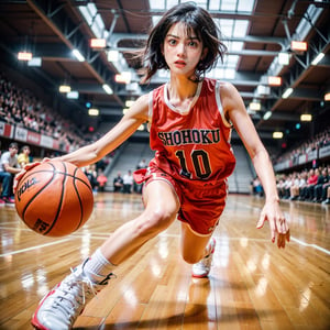 (Sports photography:1.4) photo of a cute, (muscular:1.3), 1girl with short black hair and bangs, extremely detail skin, wearing a number 10 red shohoku basketball jersey from slam dunk series and white high-top basketball shoes, running while dribbling the ball dynamically with fierce expression in an empty indoor basketball court, under bright neon lighting, shot on a (GoPro Hero:1.4), with extreme perspective lens distortion, and a (bokeh effect:1.3), (in the style of Miko Lagerstedt:1.4), photorealistic, hyperrealistic,