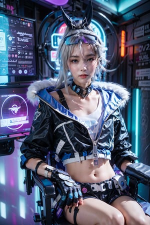 masterpiece, best quality, highres, extremely detail, photorealistic,

sliver wolf /(honkai:star rail/), 1girl, grey hair, long hair, jacket, (looking at viewer:1.2), shorts,fur trim jacket,sunglasses, navel, (ulzzang-6500:0.65), smooth chin, upper body, sunglasses, bunny ears, shorts, cold face

sitting on gaming chair, leaning on gaming chair, (black gaming chair:1.2), relax pose

futuristic computers, hologram, scifi room, cyberpunk room, neon room, neon, blue magenta light, dark studio