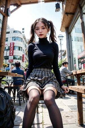 best quality, masterpiece, realistic, photorealistic, 35mm film photography captured with a fish-eye lens for a dynamic effect, a beautiful japanese girl sitting in a cafe. She is wearing black turtleneck, pleated skirt, black pantyhose. The sunlight filters through the bustling street, casting playful shadows and highlighting her happy expression, (black hair, pigtail_hairstyle:1.3)