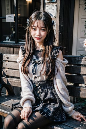 masterpiece, photrealistic (best quality:1.2), [:intricate details:0.2], 1girl, solo, black hair, long hair, twintails, dating attire, sweater, black sweater, bow sweater, shoulder cutout, black skirt, buttons skirt, suspender skirt, pantyhose, shoes, sitting on wooden bench