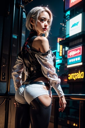 lucy \(cyberpunk\), 1girl, 20 years old beautiful Japanese, bangs, white offshoulders jacket, bare shoulders, belt, black belt, black leotard, black pants, blurry, bob cut, breasts, clothing cutout, cropped jacket, cyberpunk edgerunners, building, neon:1.8, cyberpunk:1.2, sci-fi:1.2, futuristic:1.2, cyberpunk edgerunners cityscape depth of field, from side, gradient eyes, grey eyes, grey hair, jacket, leotard, lips, long sleeves, looking afar, looking ahead, mechanical parts, small breasts, multicolored eyes, multicolored hair, night, night sky, off shoulder, open clothes, open jacket, outdoors, pants, parted lips, railing, red eyeliner, science fiction, short hair with long locks, short shorts, shorts, sidelocks, sky, solo, standing, teeth, thigh cutout, upper teeth only, white jacket, white shorts, cyberpunk \(series\), cyberpunk edgerunners,LUCY \(CYBERPUNK\),Real,cbpkv5, 