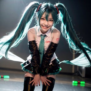 cinematic photo of (muscular:1.3), beautiful hatsune miku,  twintails,  mikudef,  (smile to the camera), (dynamic dance),  fullbody, (neon light:1.3)