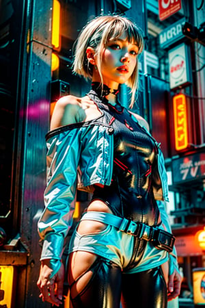lucy \(cyberpunk\), 1girl, 20 years old beautiful Japanese, bangs, white offshoulders jacket, bare shoulders, belt, black belt, black leotard, black pants, blurry, bob cut, breasts, clothing cutout, cropped jacket, cyberpunk edgerunners, building, neon:1.8, cyberpunk:1.2, sci-fi:1.2, futuristic:1.2, cyberpunk edgerunners cityscape depth of field, from side, gradient eyes, grey eyes, grey hair, jacket, leotard, lips, long sleeves, looking afar, looking ahead, mechanical parts, small breasts, multicolored eyes, multicolored hair, night, night sky, off shoulder, open clothes, open jacket, outdoors, pants, parted lips, railing, red eyeliner, science fiction, short hair with long locks, short shorts, shorts, sidelocks, sky, solo, standing, teeth, thigh cutout, upper teeth only, white jacket, white shorts, cyberpunk \(series\), cyberpunk edgerunners,LUCY \(CYBERPUNK\),Real,cbpkv5, ,dark studio
