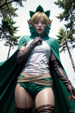 masterpiece, photrealistic (best quality:1.2), [:intricate details:0.2], 1girl, solo, ryuu, pointy ears, hood, green cloak, white shirt, sleeveless, belt, green panties, leather elbow gloves, leather thigh boots, standing, looking_at_viewer, from below, whole body, wide shot, forest, sky