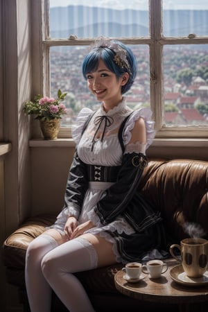 best quality, masterpiece, intricate detail, award winning, beauty photography,

1girl, Rem, blue hair, short hair, maid uniform, hair ornament, maid headdress, detached sleeves, ribbon, (black skirt:1.2), (white apron:1.2), (white stockings:1.5),

sitting, coffee table, (HoldingACupofCoffee:1.6), (smiling to the window:1.5), large window, cozy tea room, vintage decor,

soft natural lighting, soft sunlight filtering through the windows, golden hour, Mid-morning, shot on Canon EOS 5D, volumetric lighting, rim light, lens flare, bloom, raytracing, bokeh, (in style of Oleg Oprisco:1.2), perfect eyes