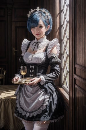 best quality, masterpiece, intricate detail, award winning, beauty photography,

1girl, Rem, blue hair, short hair, maid uniform, hair ornament, maid headdress, detached sleeves, ribbon, black skirt, white apron, white stockings,

looking_at_viewer, smiling, (holding a serving tray with refreshments), mansion-like interior, elegant furniture,

soft natural lighting, soft sunlight filtering through the windows, golden hour, late afternoon, shot on Canon EOS 5D, volumetric lighting, rim light, lens flare, bloom, raytracing, bokeh, (in style of Oleg Oprisco:1.2),