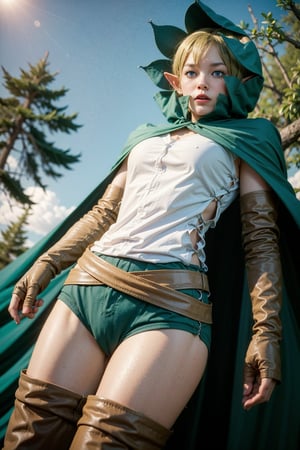 masterpiece, photrealistic (best quality:1.2), [:intricate details:0.2], 1girl, solo, ryuu, pointy ears, hood, green cloak, white shirt, sleeveless, belt, green panties, leather elbow gloves, leather thigh boots, standing, looking_at_viewer, from below, whole body, wide shot, forest, sky