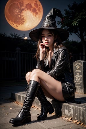 1girl, slender, witch, boots,
night, graveyard, red moon,
looking_at_viewer, perfect eyes, perfect skin, detailed skin,