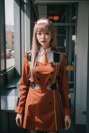 masterpiece, best quality, intricate detailed, hyperrealistic, film grain, analog photography, 1girl, aazero2, pink hair, long hair, horns, hairband, military uniform, orange necktie, red dress, long sleeves, black pantyhose, zerotwo, looking at viewer, white empty corridor, futuristic, scifi,hands,AiMi