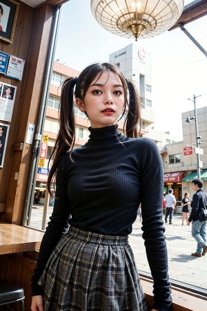 best quality, masterpiece, realistic, photorealistic, 35mm film photography captured with a fish-eye lens for a dynamic effect, a beautiful japanese girl in a cafe. She is wearing black turtleneck, black plaid skirt. The sunlight filters through the bustling street, casting playful shadows and highlighting her happy expression, (black hair, pigtail_hairstyle:1.3)