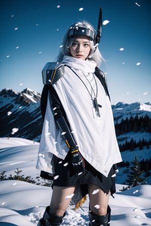 masterpiece, best quality, absurdres,

nikkesw,

1girl, solo, cowboy shot, standing, looking at viewer, mountain, (snow, winter, ice, snowing), night, darkness, serious, night sky,

yellow eyes, white hair, long hair, headgear, mechanical boots, cloak, bare legs, single pauldron, single mechanical arm,