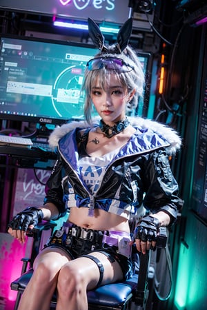masterpiece, best quality, highres, extremely detail, photorealistic,

sliver wolf /(honkai:star rail/), 1girl, grey hair, long hair, jacket, (looking at viewer:1.2), shorts,fur trim jacket,sunglasses, navel, (ulzzang-6500:0.65), black gloves, upper body, sunglasses, bunny ears, shorts, cold face

sitting on gaming chair, leaning on gaming chair, (black gaming chair:1.2), relax pose

futuristic computers, hologram, scifi room, cyberpunk room, neon room, neon, blue magenta light, dark studio