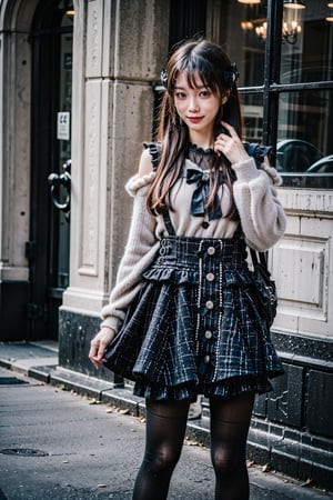 masterpiece, photrealistic (best quality:1.2), [:intricate details:0.2], 1girl, solo, black hair, long hair, twintails, dating attire, sweater, black sweater, bow sweater, shoulder cutout, black skirt, buttons skirt, suspender skirt, pantyhose, shoes, full-body shot