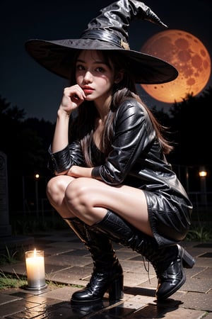 1girl, witch, boots,
night, graveyard, red moon,
looking_at_viewer, perfect eyes, perfect skin, detailed skin,